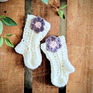 Handmade Cream Baby Socks with Purple Flower